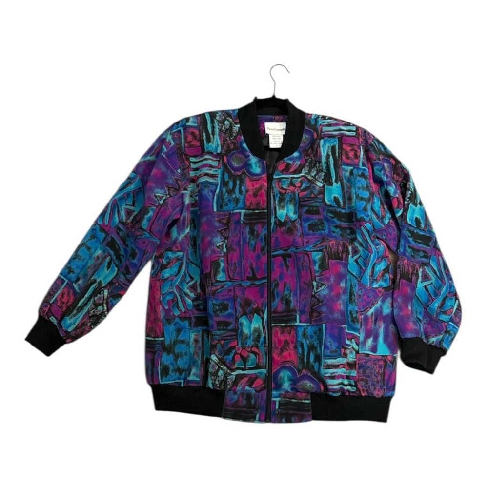 Vintage Pierre Lamonte Abstract Bomber Jacket 80s Art Print Purple Blue 14